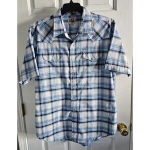 Men's Ely Cattleman Wrinkle Resistant SS Blue/Black Plaid Pearl Snap Size XXL